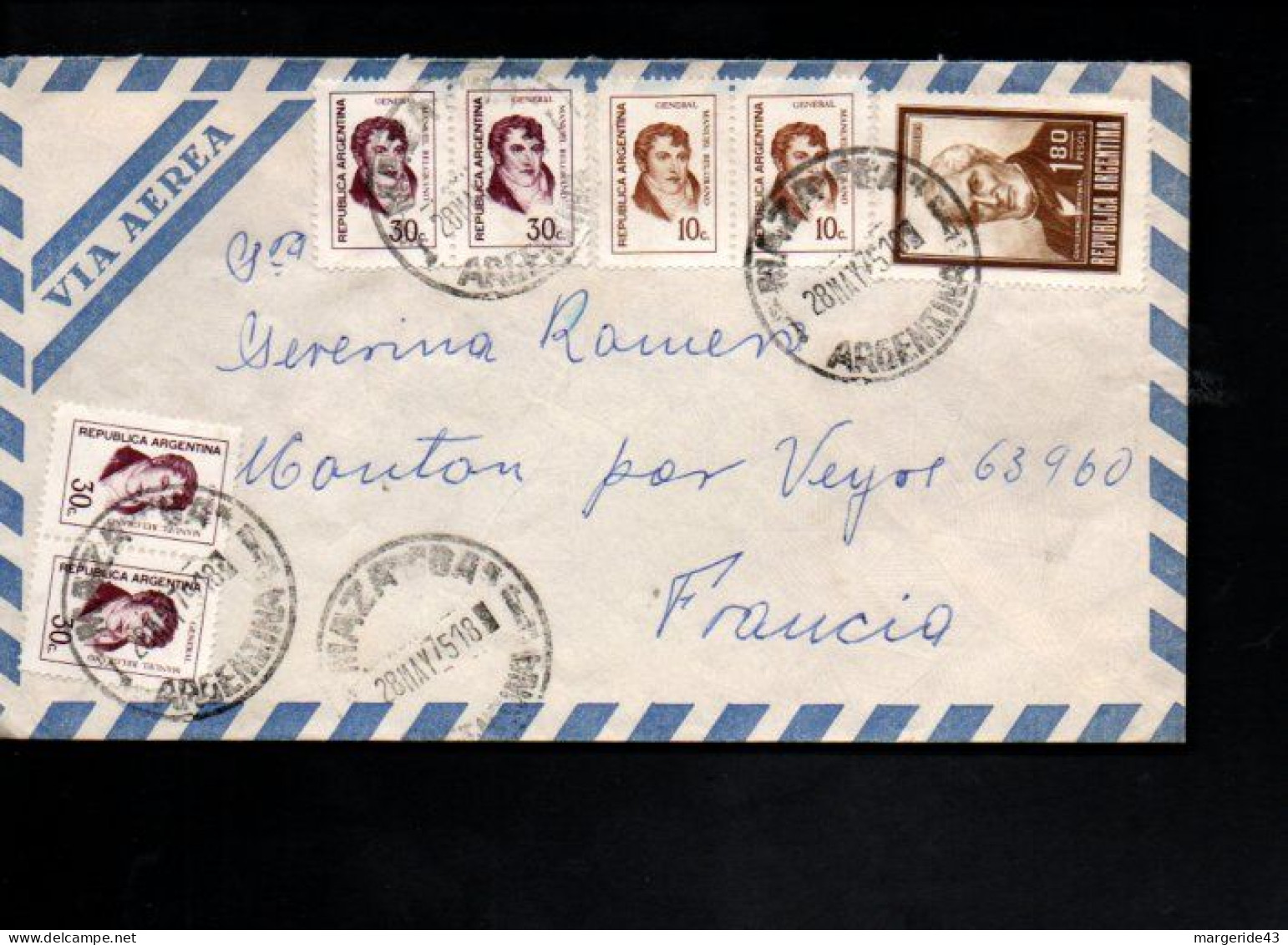 ARGENTINE AFFRANCHISSEMENT COMPOSE SUR LETTRE POUR LA FRANCE 1975 - Storia Postale