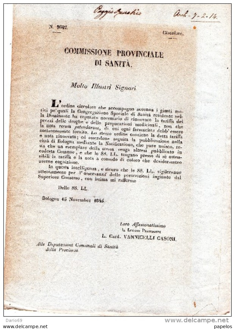 1845  BOLOGNA  - COMMISSIONE DI SANITÀ   -  RINNOVO TARIFFA PREZZI - Décrets & Lois