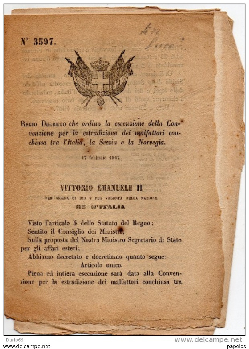 1867 DECRETO LEGGE ESTRADIZIONE DEI MALFATTORI - Decretos & Leyes