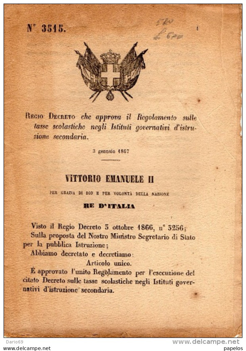1867 DECRETO LEGGE TASSE SCOLASTICHE - Decreti & Leggi
