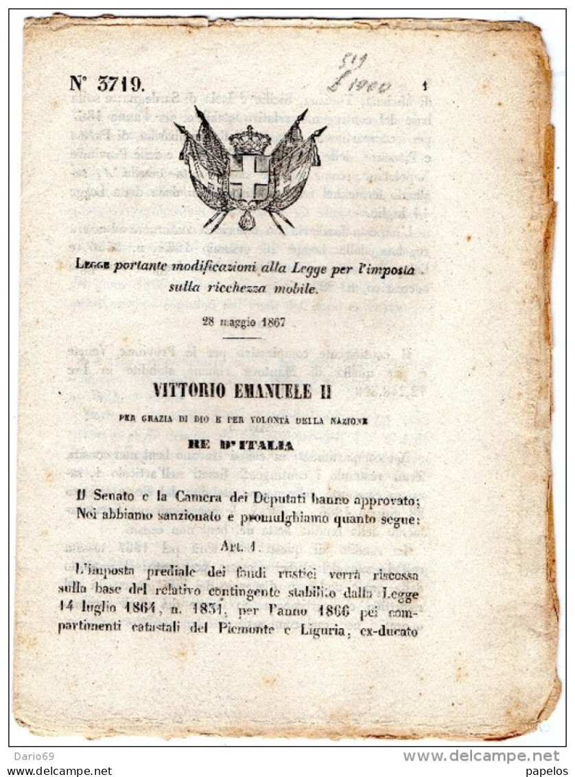 1867 DECRETO LEGGE SULLA RICCHEZZA MOBILE - Decreti & Leggi