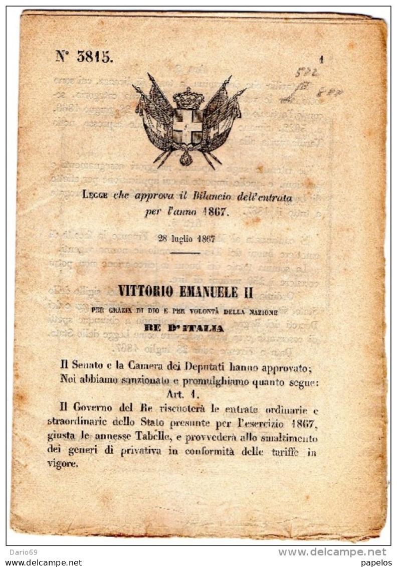 1867 DECRETO LEGGE CHE APPROVA IL BILANCIO DELL'ENTRATE - Decretos & Leyes