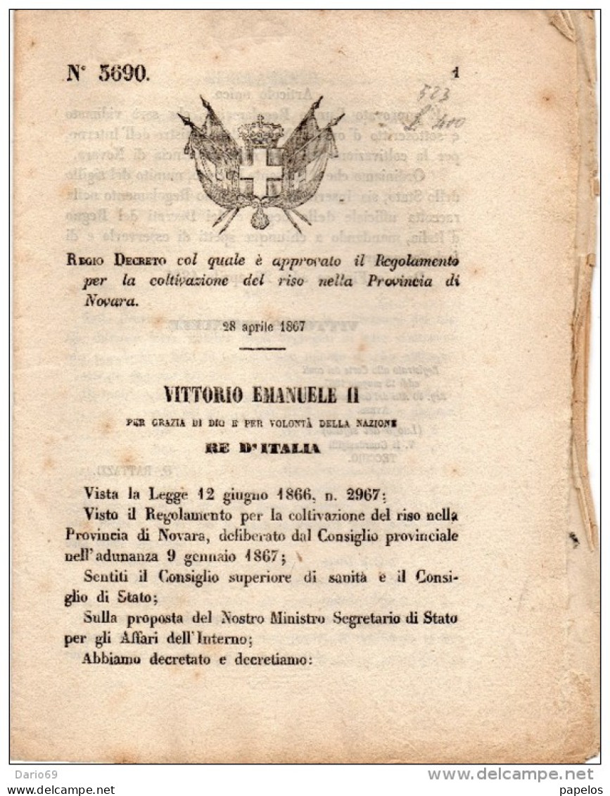 1867 DECRETO LEGGE - APPROVATA LA COLTIVAZIONE DEL RISO NELLA PROVINCIA DI NOVARA - Gesetze & Erlasse