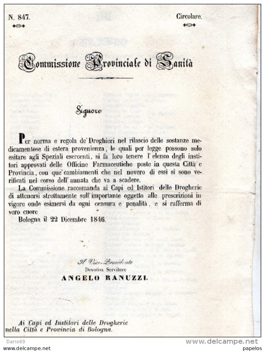 1846  BOLOGNA  - COMMISSIONE DI SANITÀ   ELENCO OFFICINE FARMACEUTICHE - Décrets & Lois