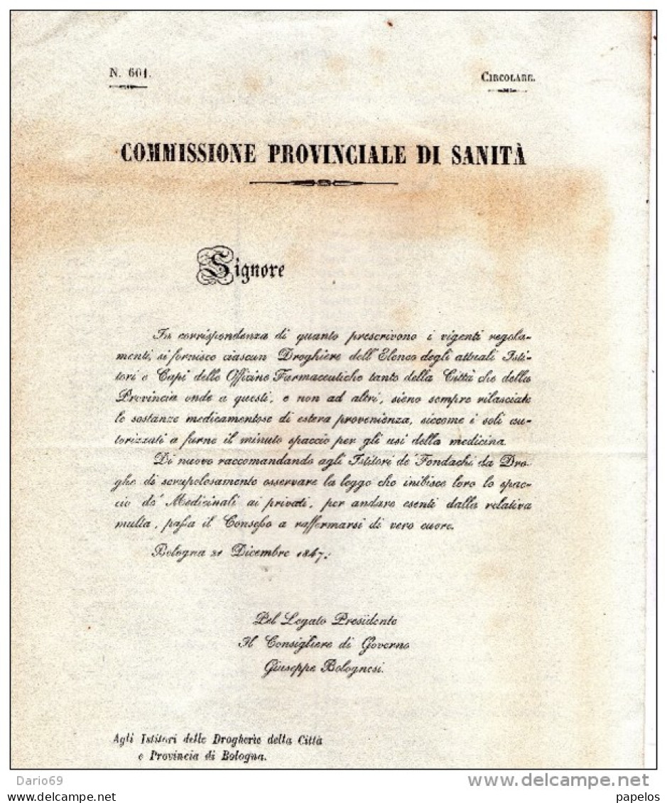 1847  BOLOGNA  - COMMISSIONE DI SANITÀ   ELENCO OFFICINE FARMACEUTICHE - Gesetze & Erlasse