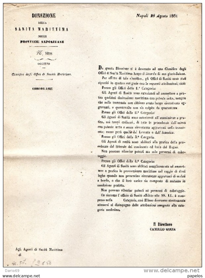 1861 Napoli - ELENCO UFFICI SANITÀ MARITTIMA - Decrees & Laws