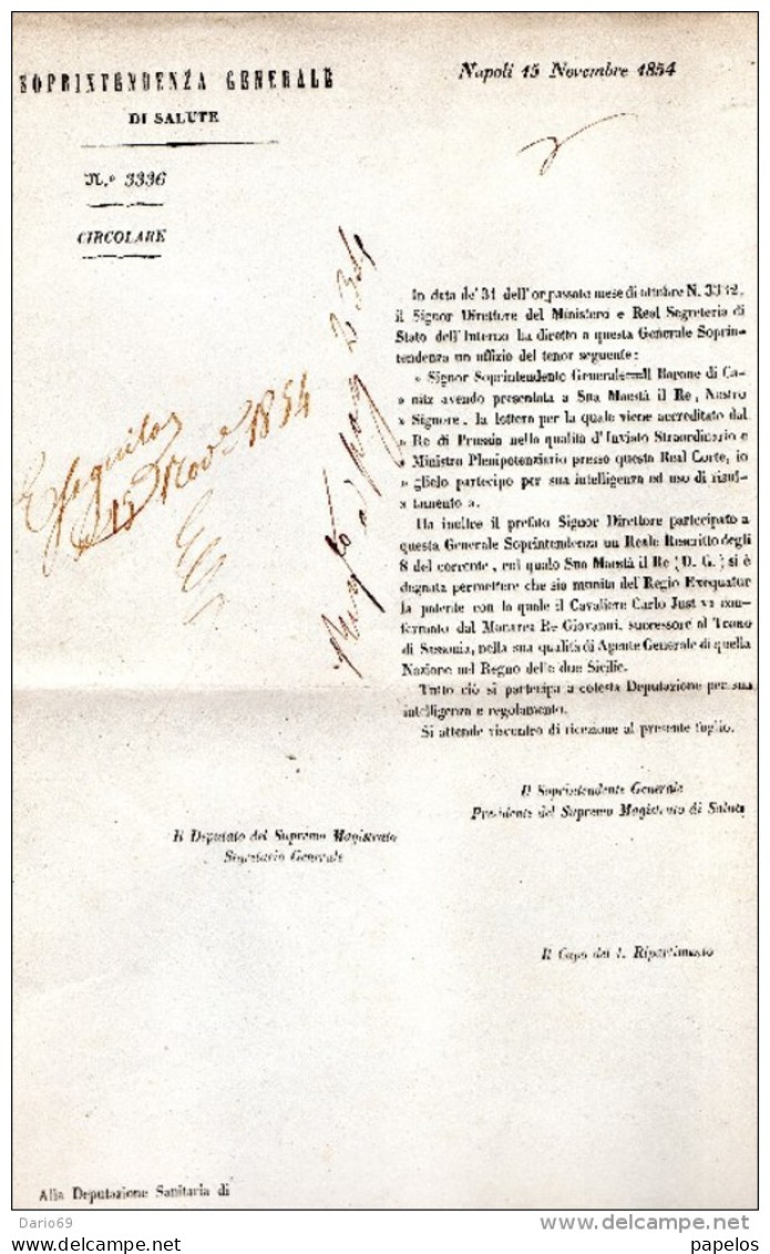 1854 NAPOLI  SOPRAINTENDENZA DI SALUTE - Decrees & Laws
