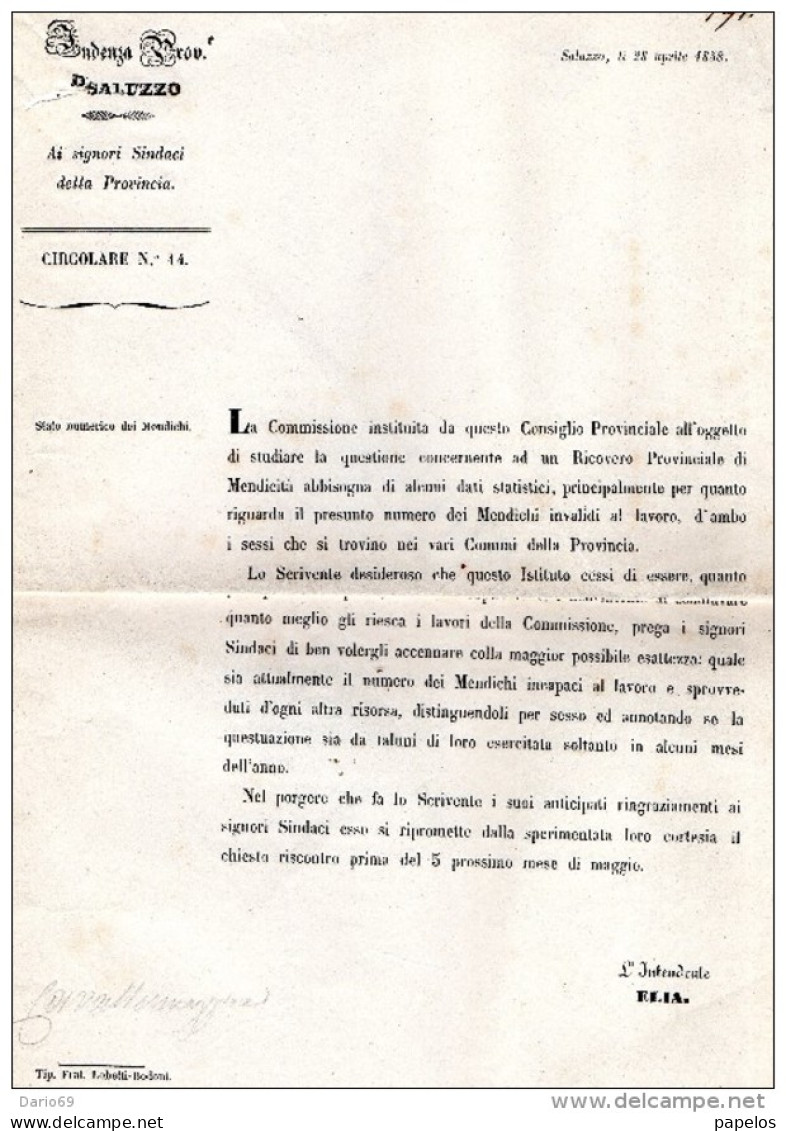 1858 SALUZZO CUNEO - STATO NUMERICO DEI MENDICHI - Decreti & Leggi