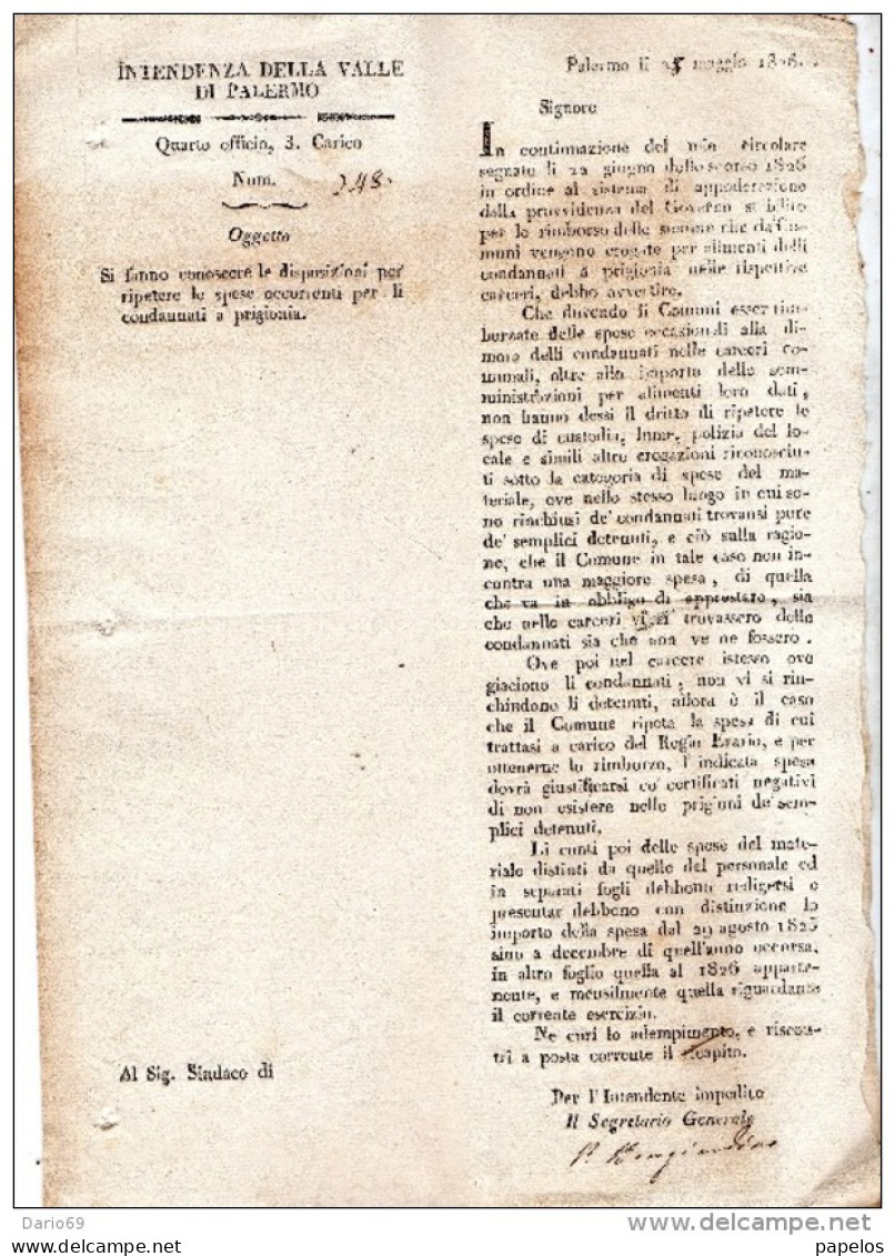 1826  PALERMO   -   SPESE OCCORRENTI PER I CONDANNATI IN PRIGIONIA - Wetten & Decreten