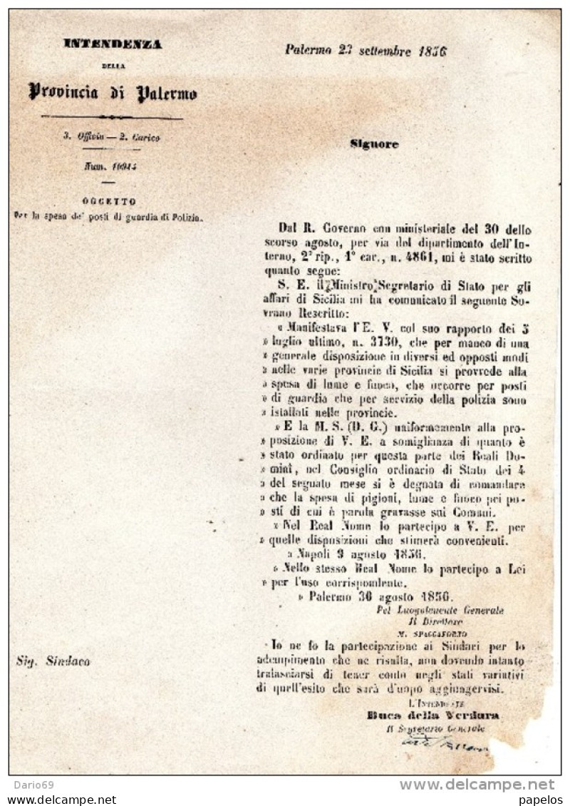 1856 PALERMO   -   SPESE PER I POSTI DI GUARDIA DI POLIZIA - Decretos & Leyes