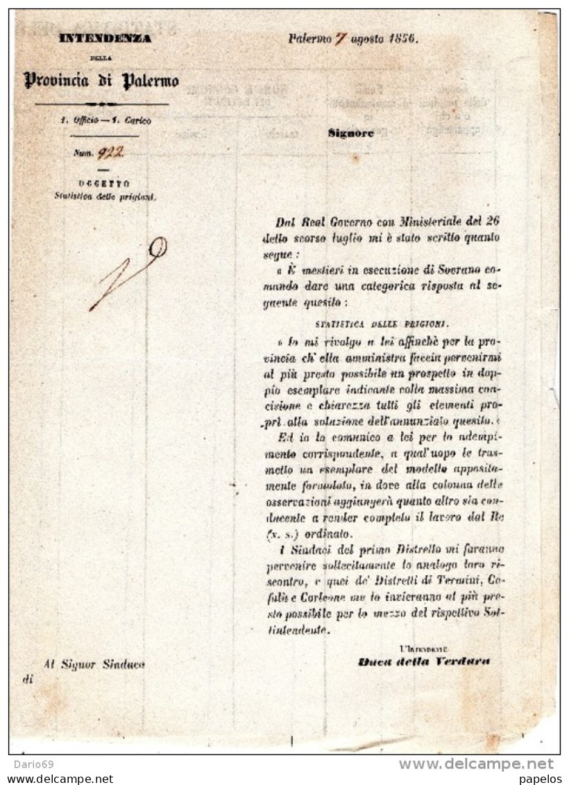 1856 PALERMO -   STATISTICHE DELLE PRIGIONI - Decreti & Leggi
