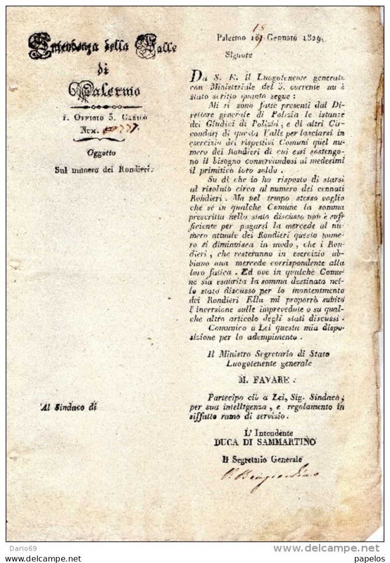 1829 PALERMO - NUMERO DI RONDIERI - Decrees & Laws