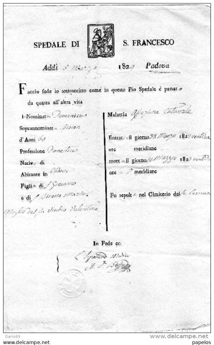 1829 PADOVA  OSPEDALE DI S. FRANCESCO - CERTIFICATO DI MORTE - Historische Dokumente