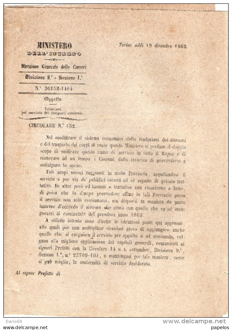 1862 TORINO - ISTRUZIONE PER IL SERVIZIO TRASPORTI CARCERIERI - Decrees & Laws