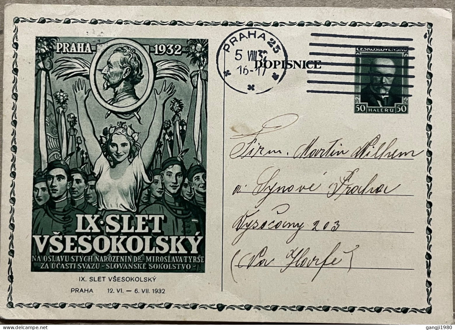 CZECHOSLOVAKIA 1932, STATIONERY CARD USED, ILLUSTRATE, WOMAN, CHARMING LADY, SLET YSESOKOLSKY, PRAHA CITY CANCEL - Briefe U. Dokumente