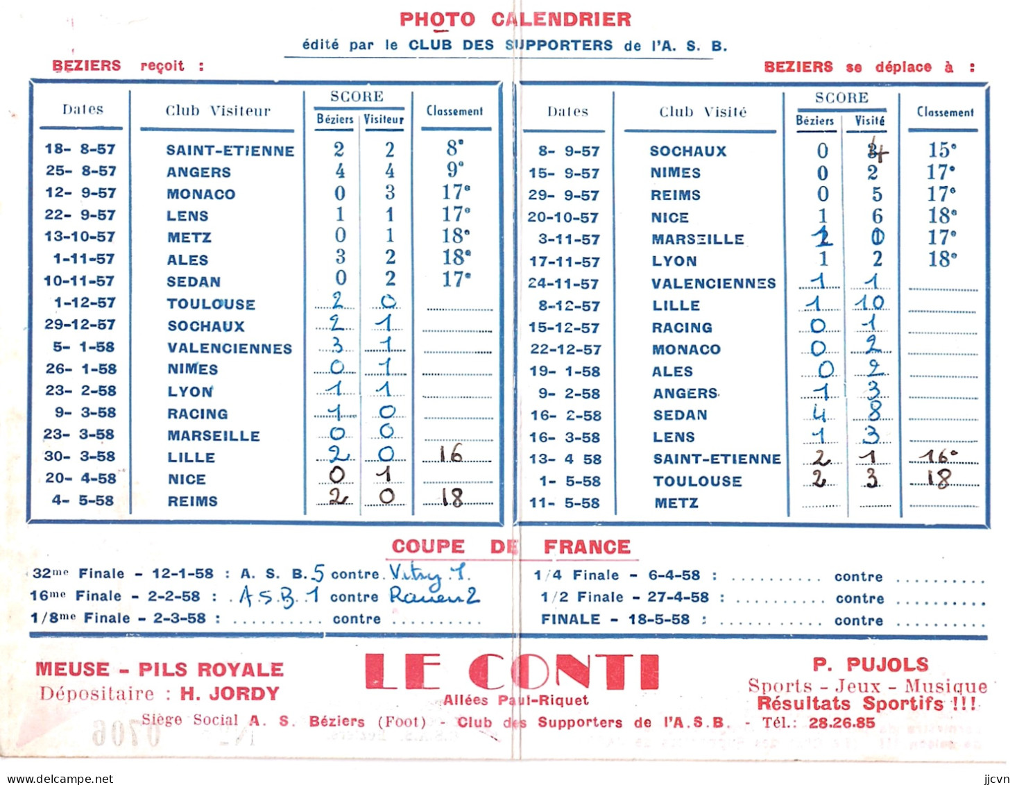 - 34 - Hérault - Béziers - Calendrier Club Supporters De L' A.S.B. Football - Première Division - Saison 1957-1958 - Fútbol