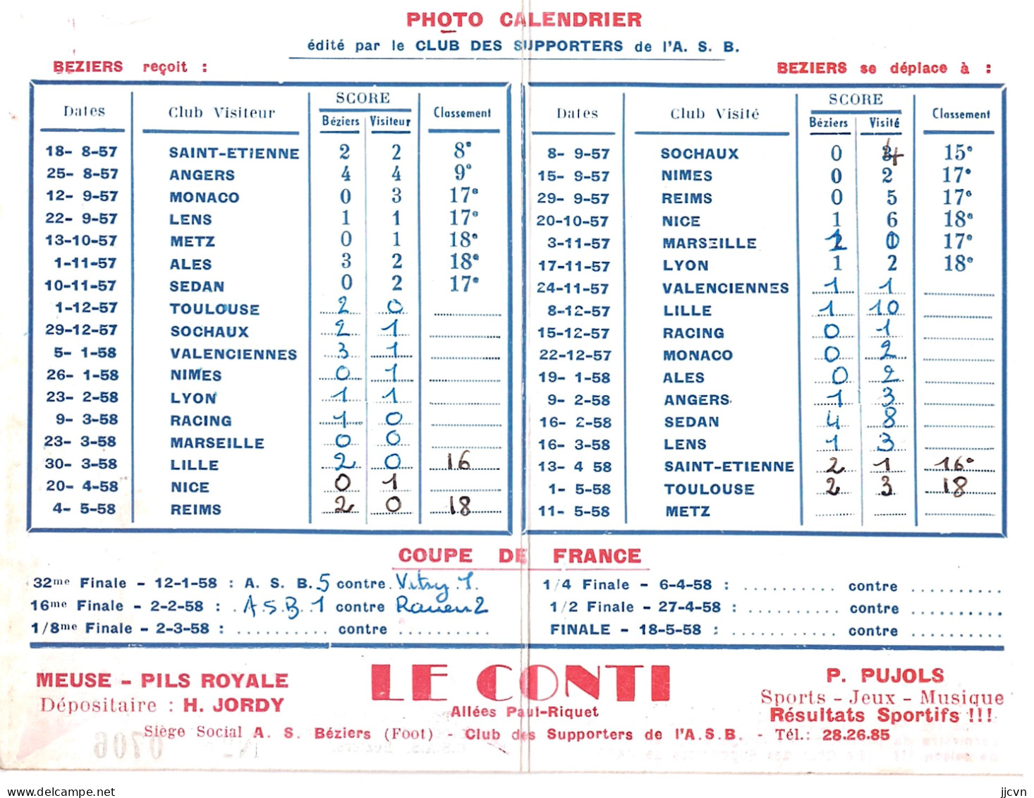 - 34 - Hérault - Béziers - Calendrier Club Supporters De L' A.S.B. Football - Première Division - Saison 1957-1958 - Football