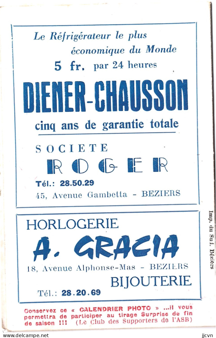 - 34 - Hérault - Béziers - Calendrier Club Supporters De L' A.S.B. Football - Première Division - Saison 1957-1958 - Fútbol