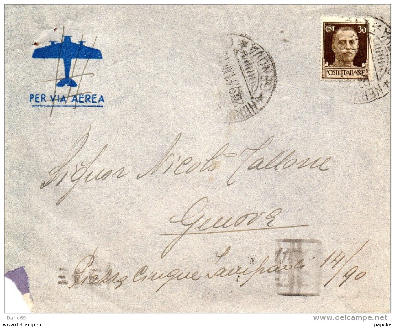 1941 LETTERA CON ANNULLO NERVI  GENOVA - Storia Postale