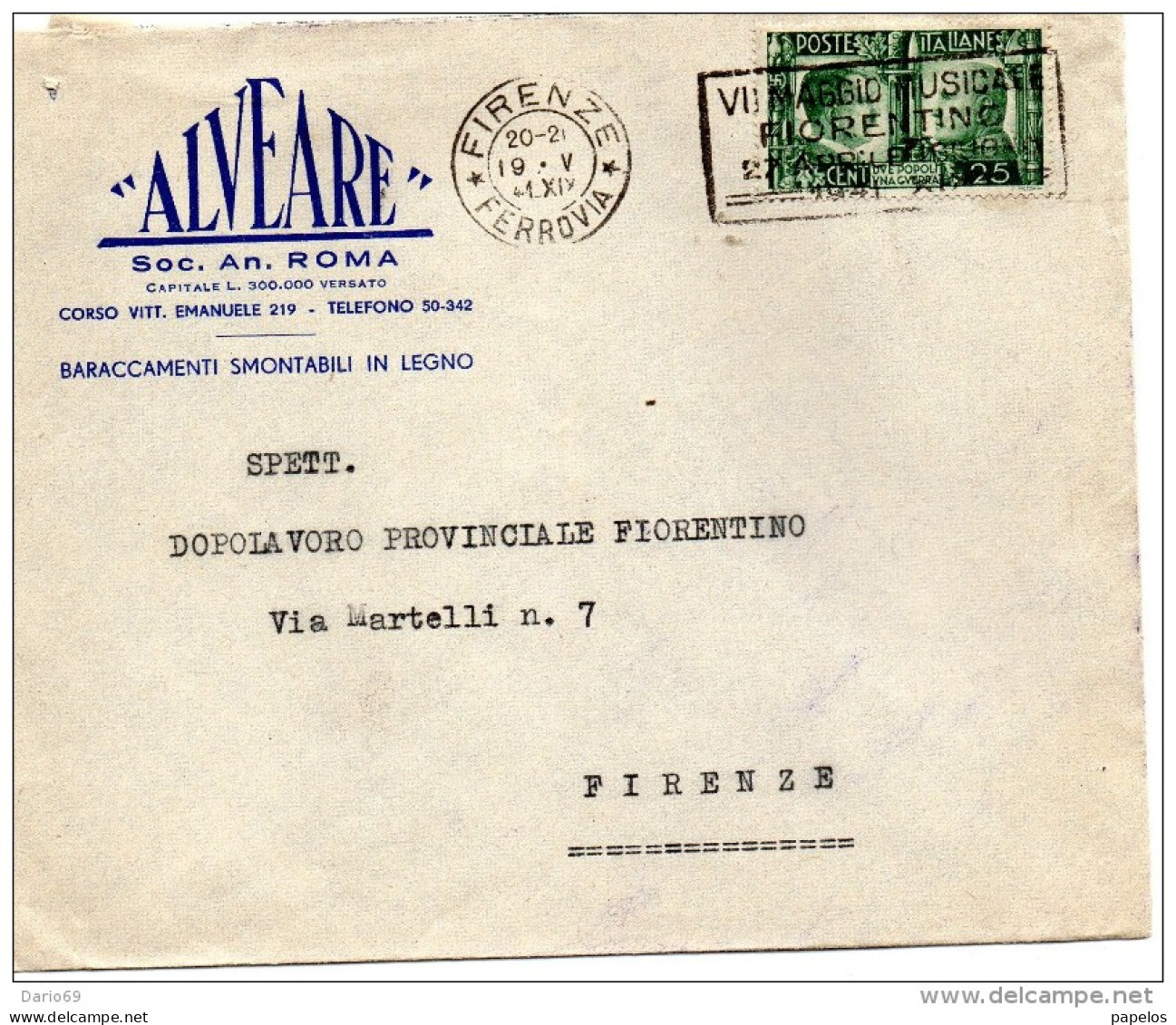 1941 LETTERA   INTESTATA ALVEARE  CON ANNULLO  FIRENZE + TARGHETTA  MAGGIO MUSICALE - Storia Postale