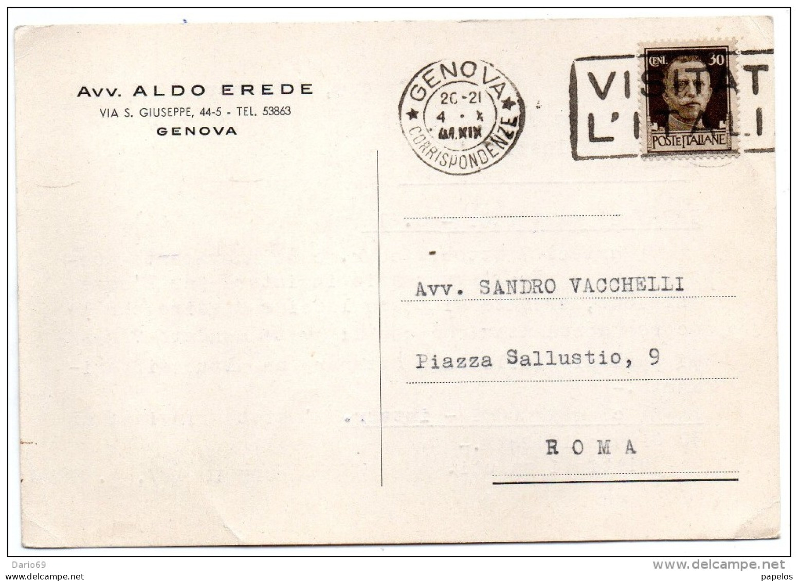 1941 CARTOLINA  CON ANNULLO GENOVA + TARGHETTA VISITATE L'ITALIA - Storia Postale