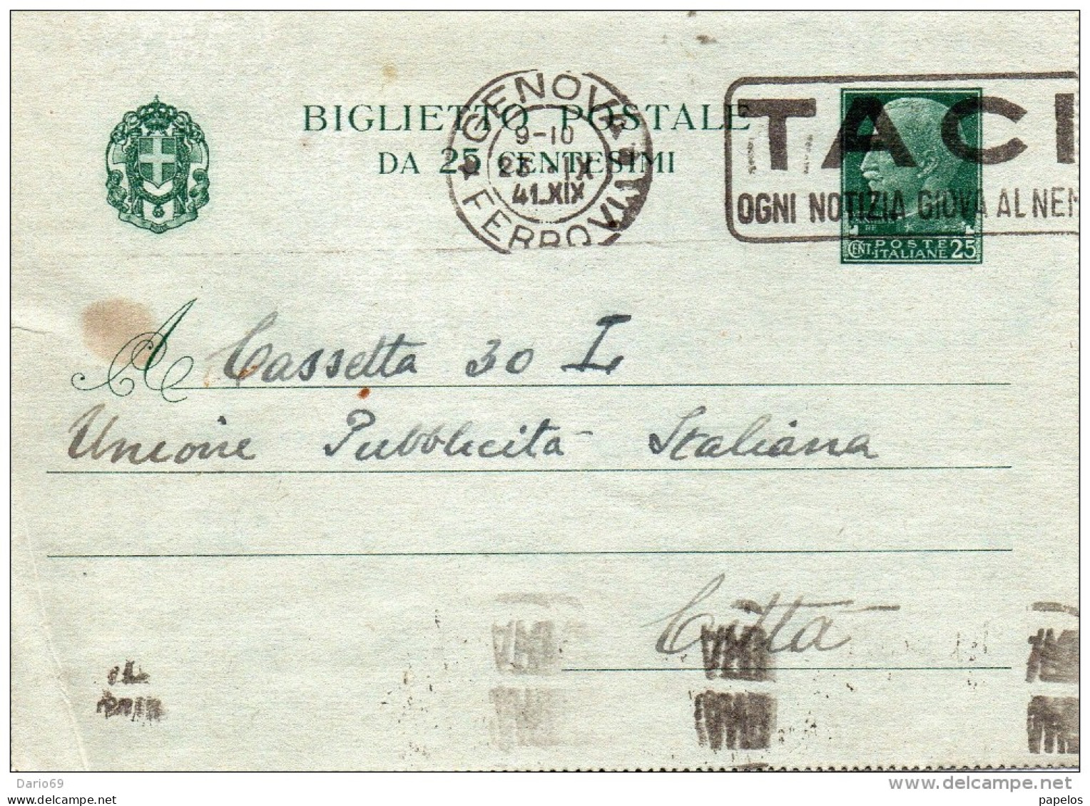 1941 CARTOLINA CON ANNULLO  GENOVA + TARGHETTA  TACI - Stamped Stationery