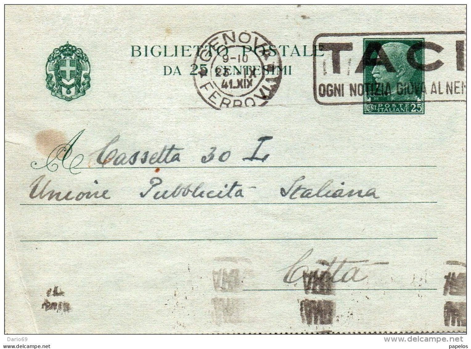 1941 CARTOLINA CON ANNULLO  GENOVA + TARGHETTA  TACI - Entero Postal