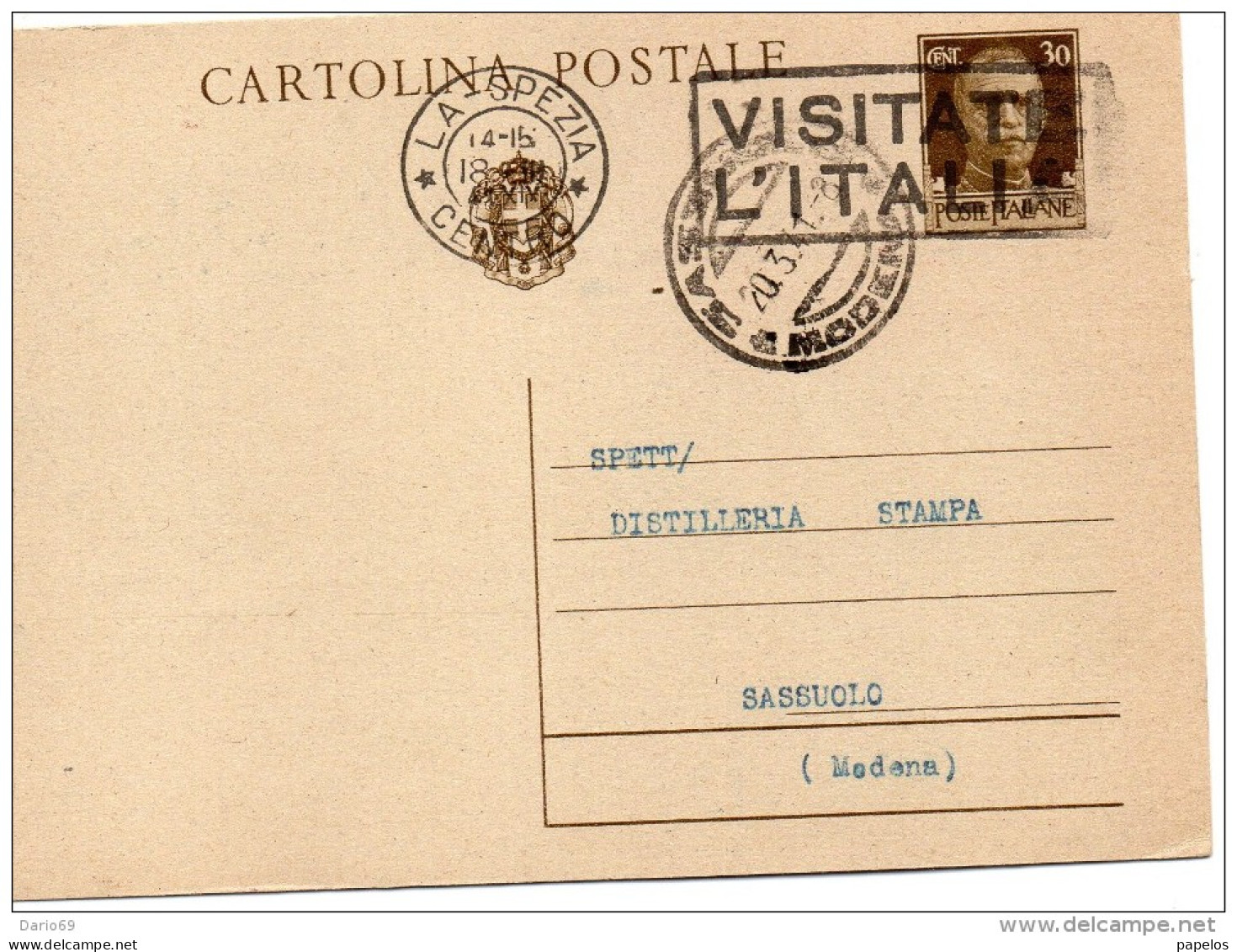 1941 CARTOLINA CON ANNULLO LA SPEZIA  + TARGHETTA VISITATE L'ITALIA - Interi Postali