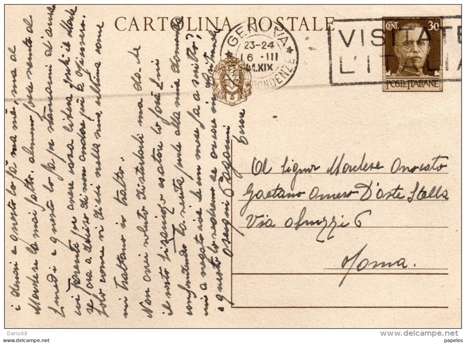 1941 Cartolina Con Annullo GENOVA + TARGHETTA VISITATE L'ITALIA - Entiers Postaux