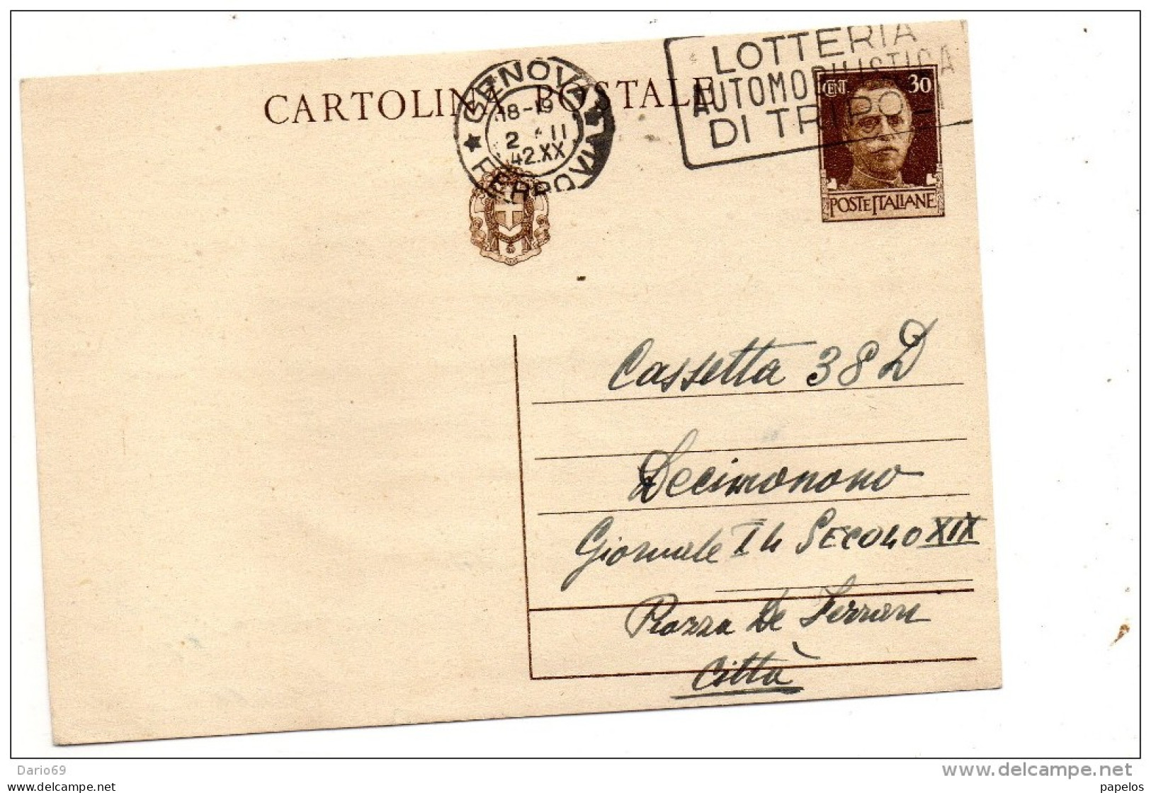 1942 CARTOLINA   CON ANNULLO GENOVA + TARGHETTA LA LOTTERIA AUTOMOBILISTICA DI TRIPOLI - Stamped Stationery