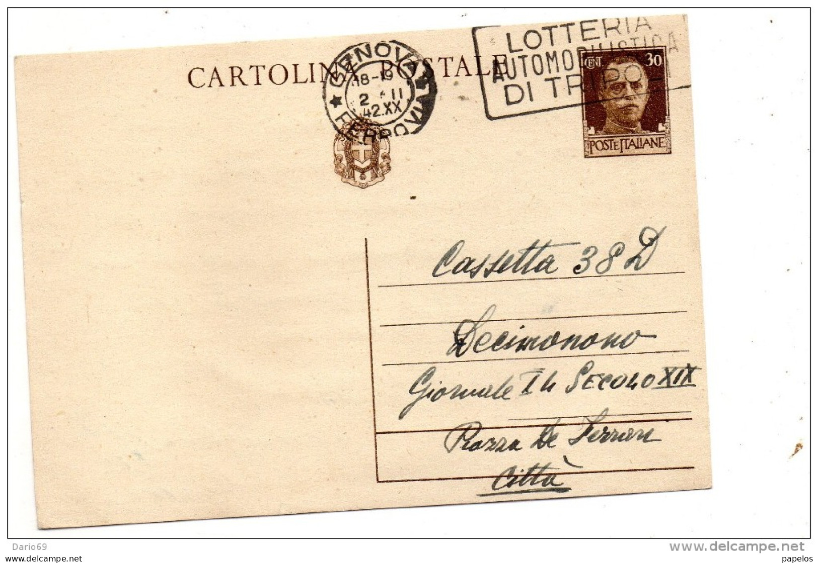 1942 CARTOLINA   CON ANNULLO GENOVA + TARGHETTA LA LOTTERIA AUTOMOBILISTICA DI TRIPOLI - Entiers Postaux