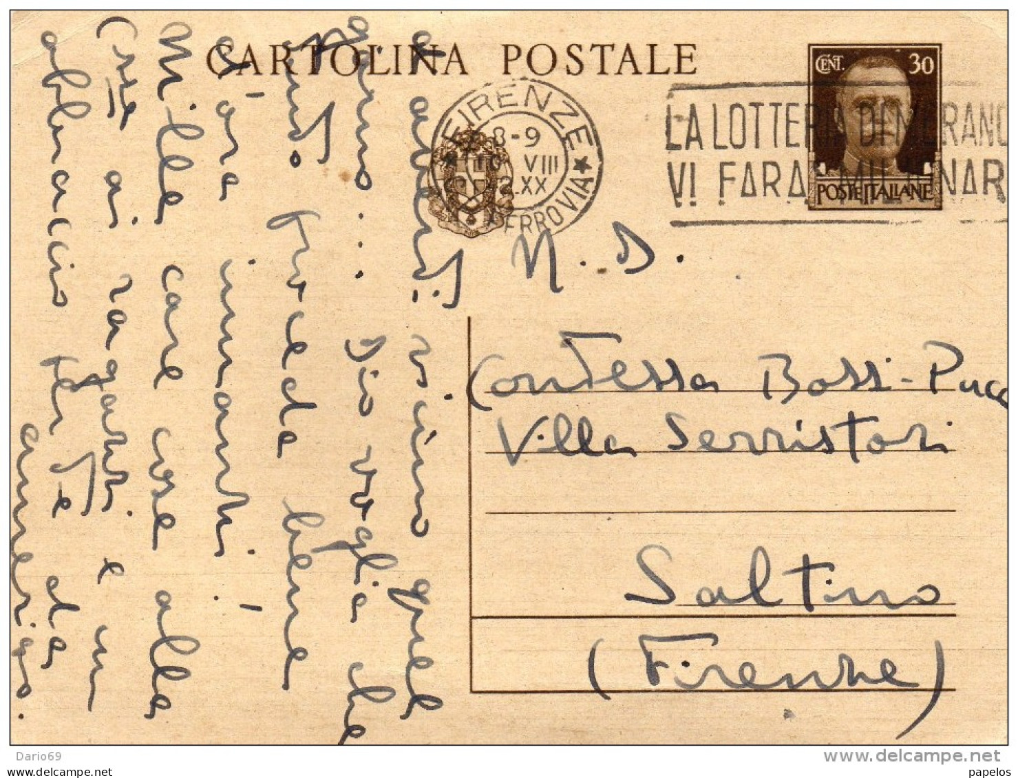 1942 CARTOLINA    CON ANNULLO FIRENZE + TARGHETTA LA LOTTERIA DI MERANO - Entiers Postaux