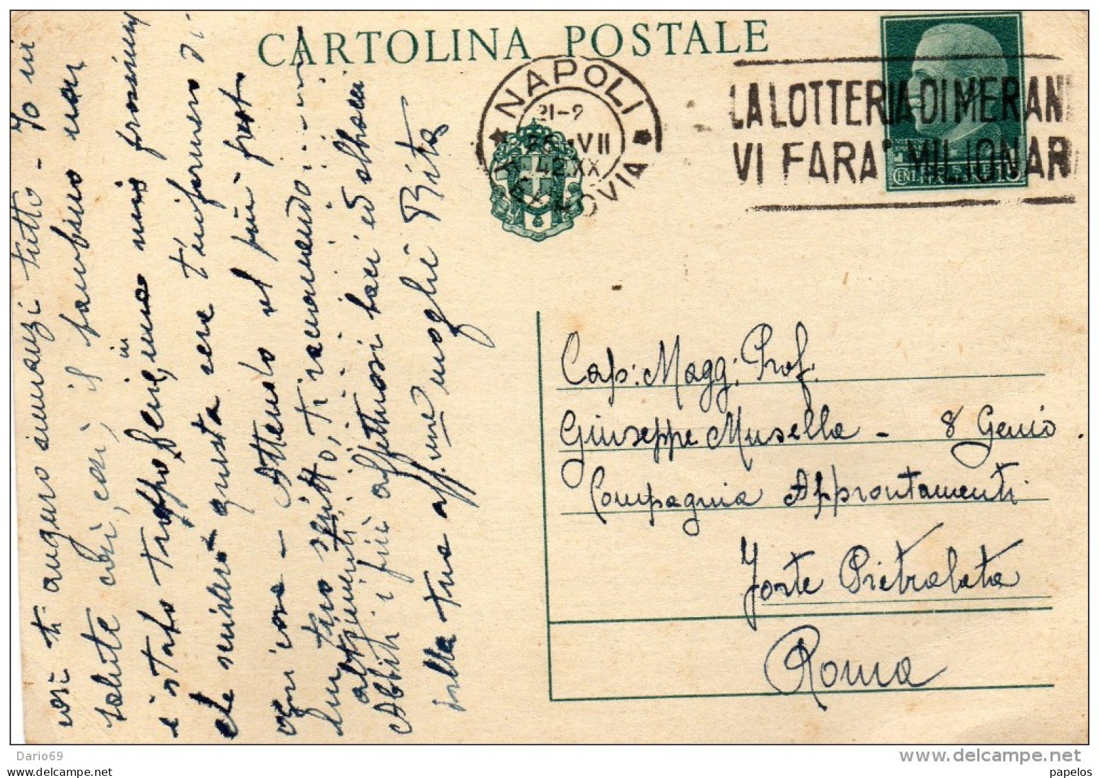 1942 CARTOLINA    CON ANNULLO NAPOLI + TARGHETTA LA LOTTERIA DI MERANO - Stamped Stationery