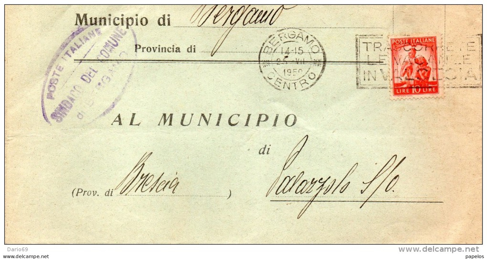 1950 LETTERA  CON ANNULLO BERGAMO + TARGHETTA TRASCORRETE LE VACANZE IN VALCECIA - 1946-60: Storia Postale