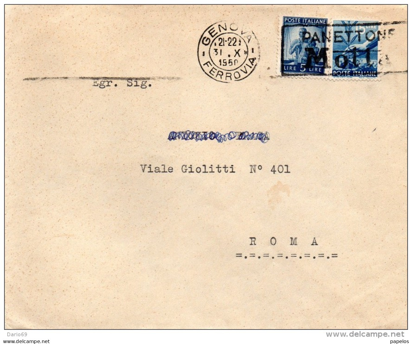 1950 LETTERA  CON ANNULLO GENOVA + TARGHETTA PANETTONE MOTTA - 1946-60: Storia Postale
