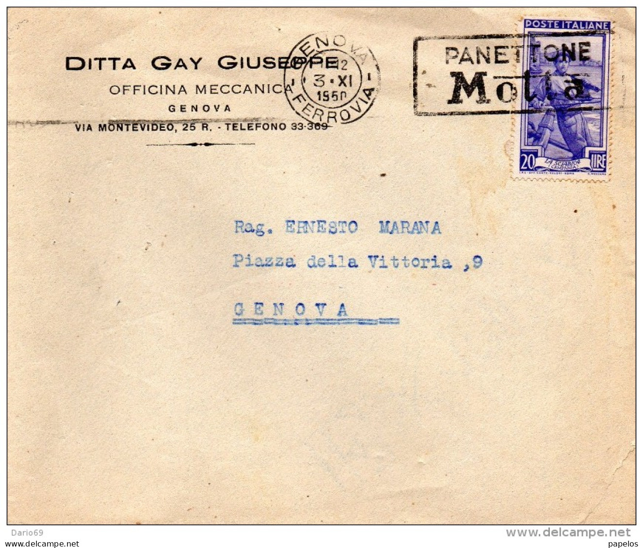 1950 LETTERA INTESTATA DITTA GAY  CON ANNULLO GENOVA + TARGHETTA PANETTONE MOTTA - 1946-60: Storia Postale