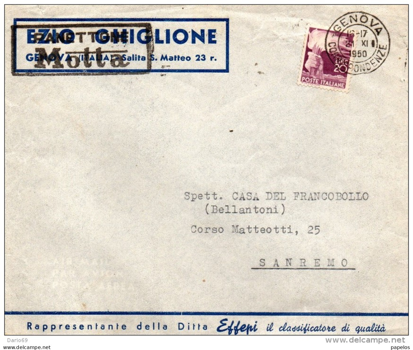 1950 LETTERA INTESTATA GHIGLIONE CON ANNULLO GENOVA + TARGHETTA PANETTONE MOTTA - 1946-60: Storia Postale