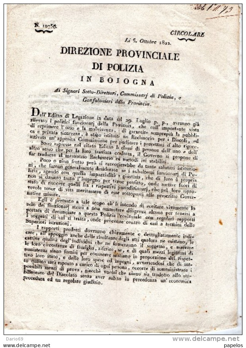 1822 BOLOGNA - DIREZIONE DI POLIZIA - RECLUSORIO PER I DISCOLI - Historische Dokumente