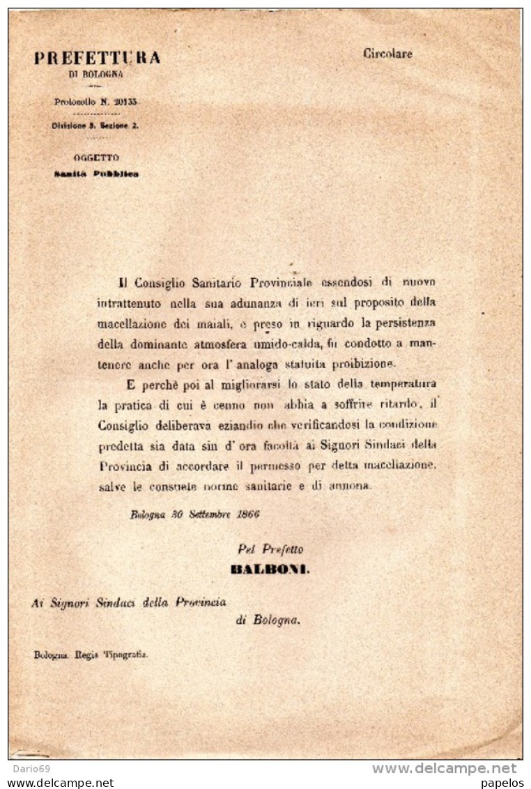 1866  BOLOGNA  - COMMISSIONE DI SANITÀ  -  PERMESSO PER LA MACELLAZIONE DEI MAIALI - Decretos & Leyes