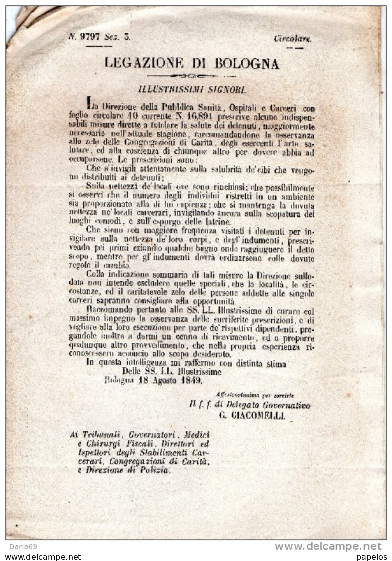 1849 BOLOGNA - MISURE PER TUTELARE LA SALUTE DEI DETENUTI - Decrees & Laws