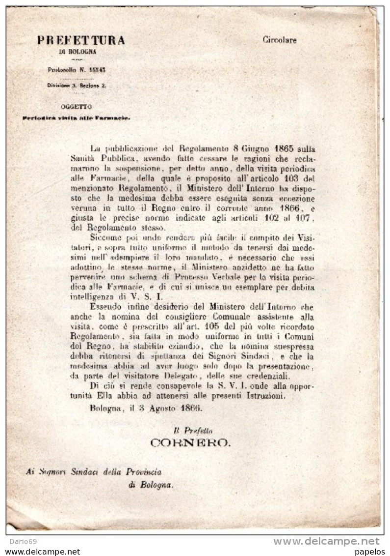 1866  BOLOGNA  - COMMISSIONE DI SANITÀ  -  PERIODICA VISITA ALLE FARMACIE - Decretos & Leyes