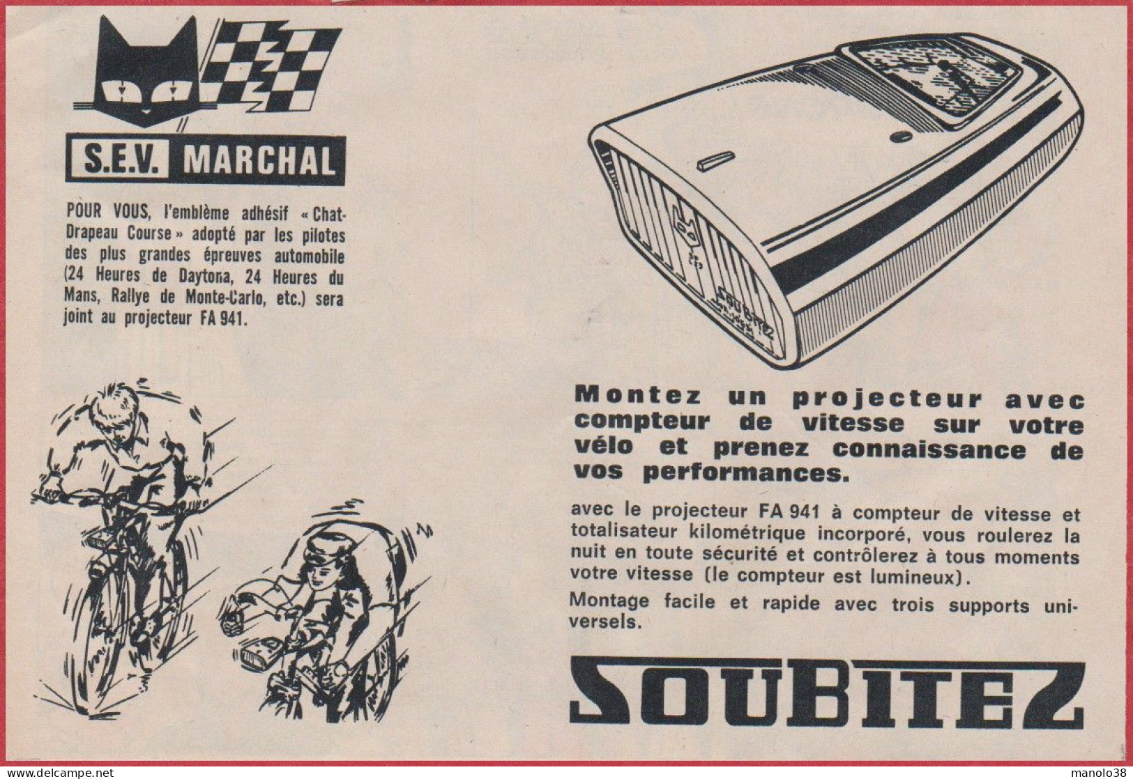 SEV Marchal. Soubitez. Projecteur Avec Compteur De Vitesse Pour Vélo. 1970. - Publicités