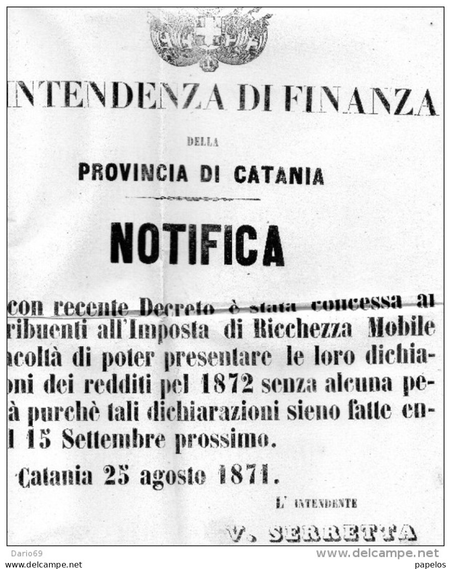 1871 CATANIA -  INTENDENZA DI FINANZA - Historische Dokumente