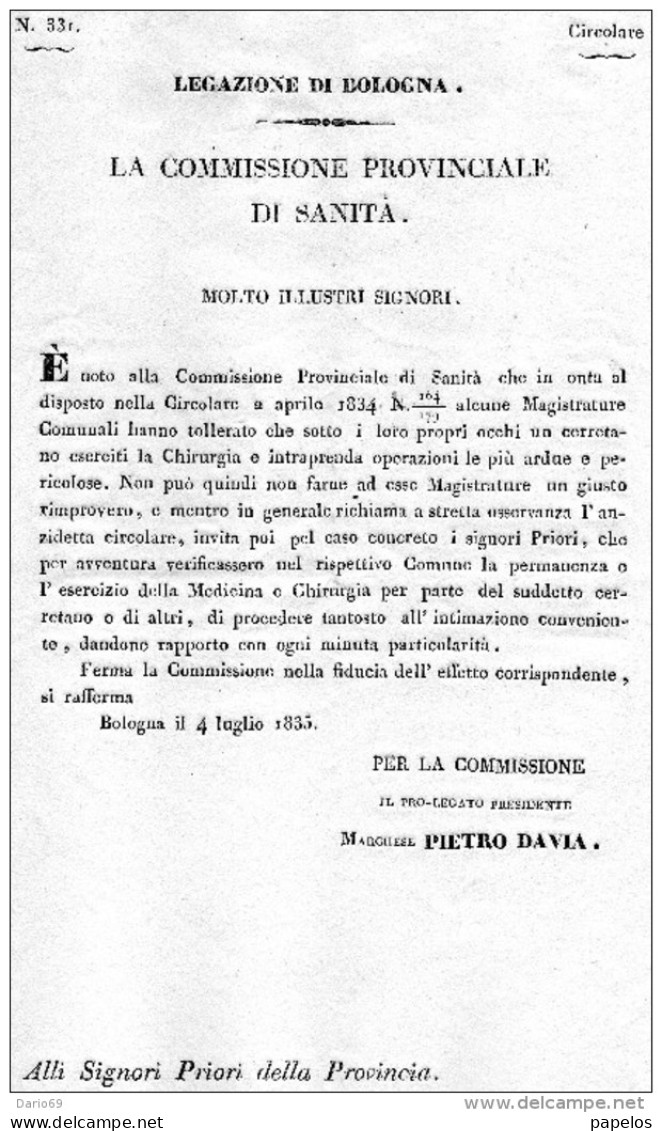 1835   BOLOGNA - COMMISSIONE DI DI SANITÀ - Historische Dokumente