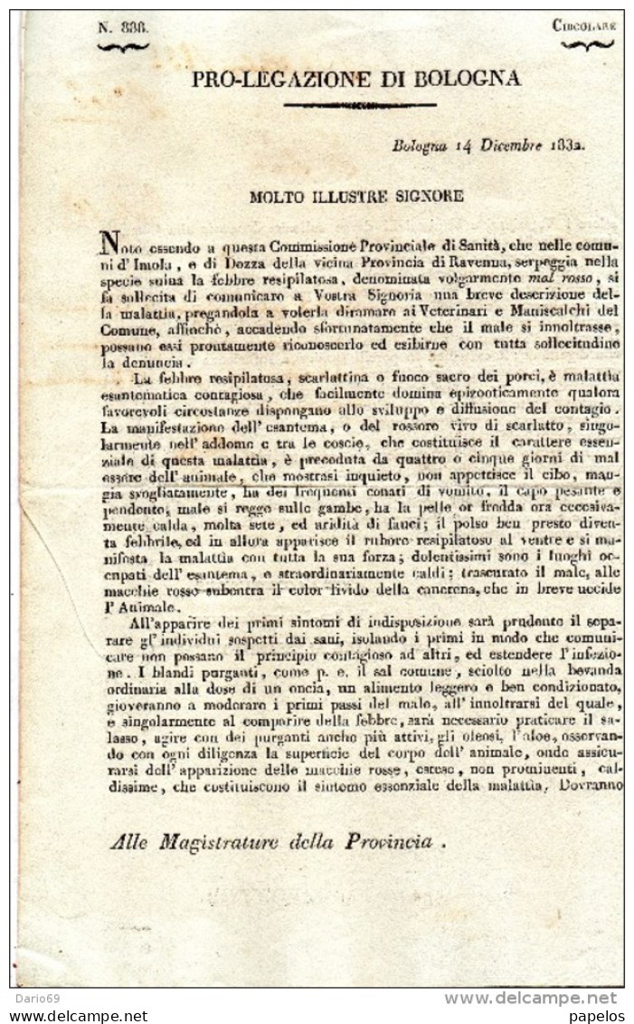 1832 BOLOGNA - DEPUTAZIONE DI SANITÀ - MALATTIA SUINA - Historische Dokumente