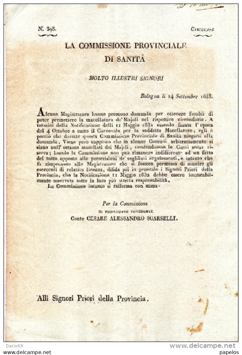 1833  BOLOGNA - COMMISSIONE PROVINCIALE DI SANITÀ - Historische Dokumente