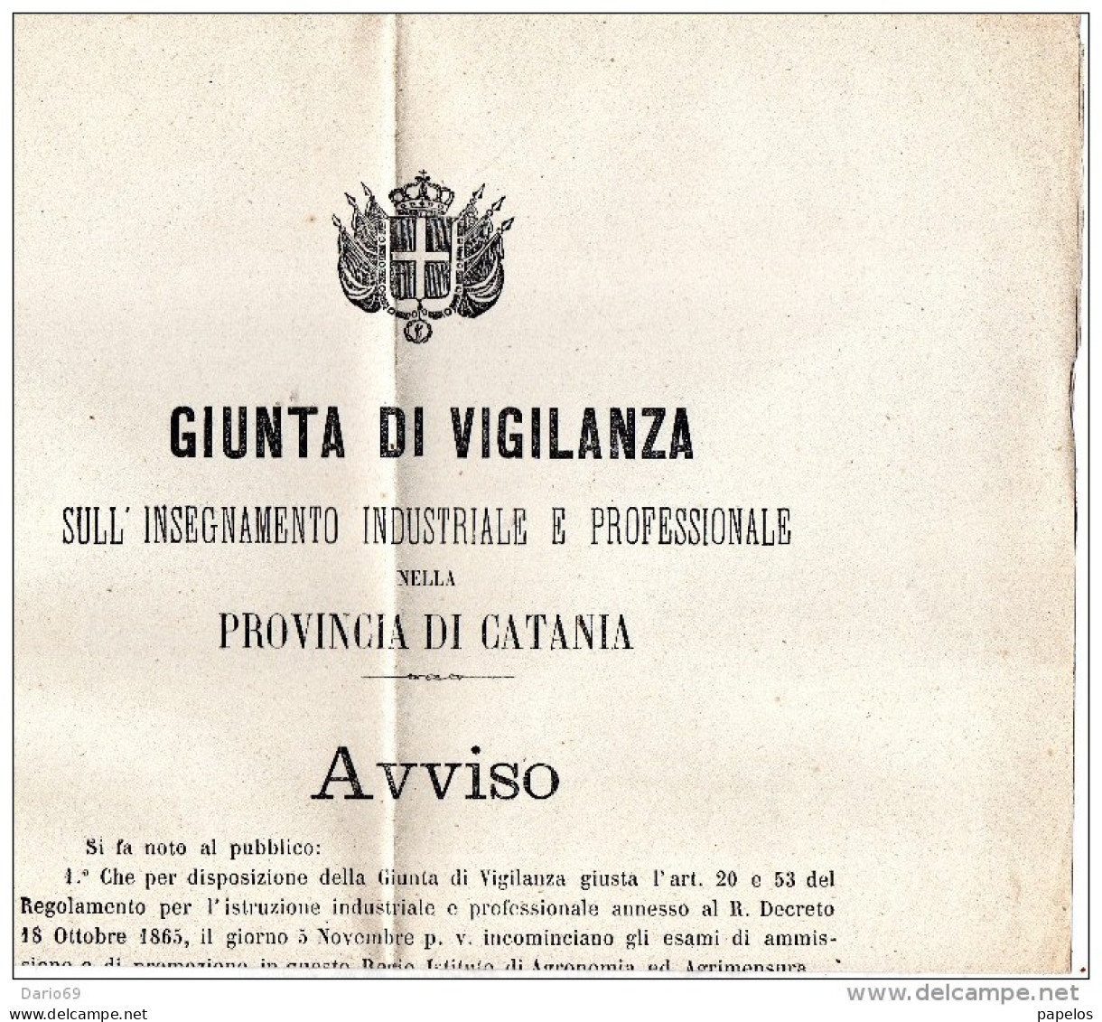 1871 CATANIA - GIUNTA DI VIGILANZA SULL'INSEGNAMENTO INDUSTRIALE - Historische Dokumente