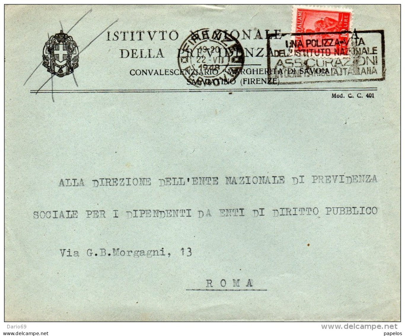 1948 LETTERA CON ANNULLO FIRENZE + TARGHETTA UNA POLIZZA VITA - 1946-60: Storia Postale