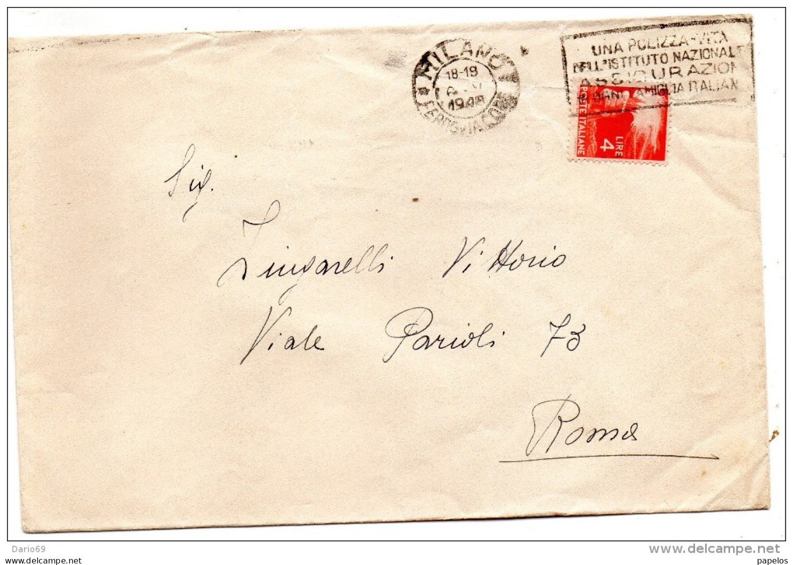 1948 LETTERA CON ANNULLO MILANO + TARGHETTA UNA POLIZZA VITA - 1946-60: Storia Postale