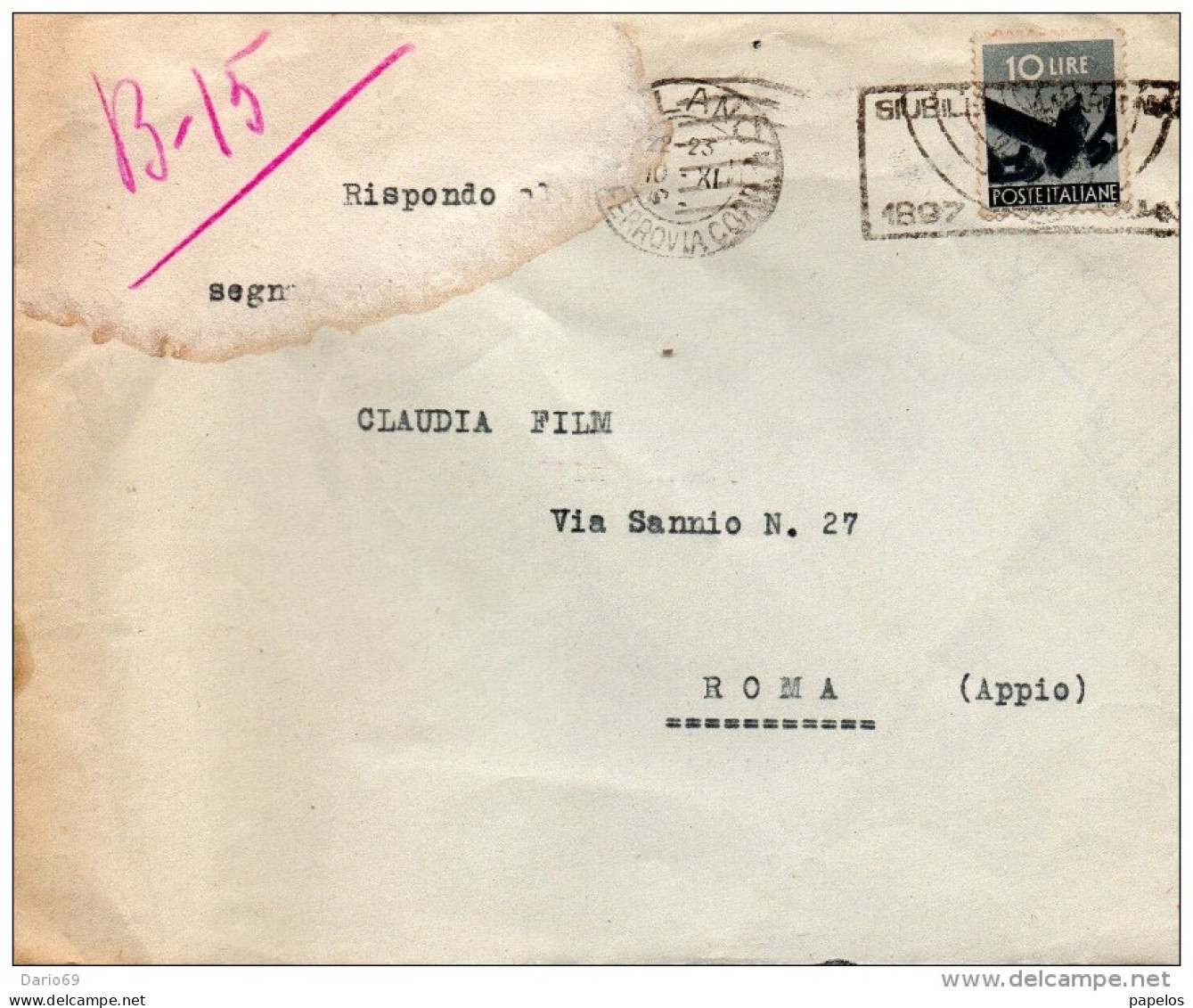 1947  LETTERA CON ANNULLO MILANO + TARGHETTA - 1946-60: Storia Postale